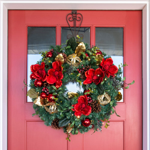 Red Magnolia Decorated Wreath - Village Lighting Company