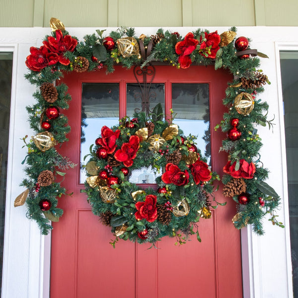Red Magnolia Decorated Wreath - Village Lighting Company