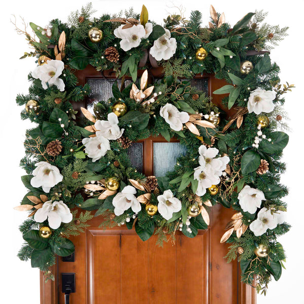 White Gold Magnolia Lighted Christmas Wreath 30" Village Lighting Company