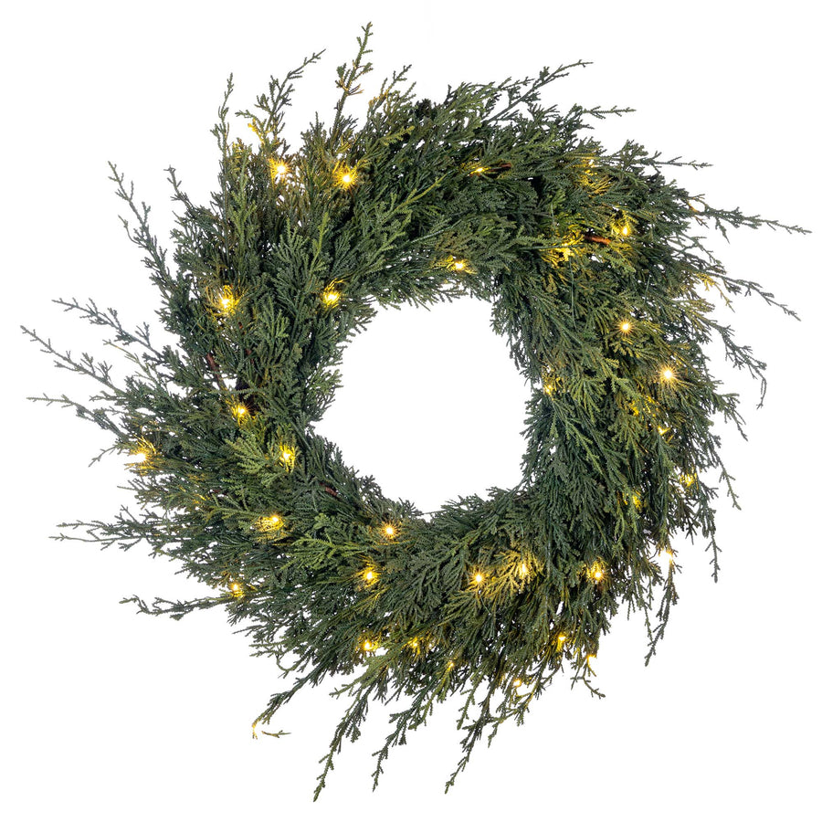 24-inch Cedar Pre-Lit LED Wreath | Village Lighting Company