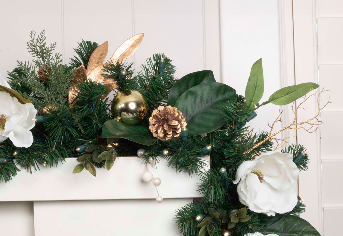 White Gold Magnolia Lighted Christmas Wreath - 30
