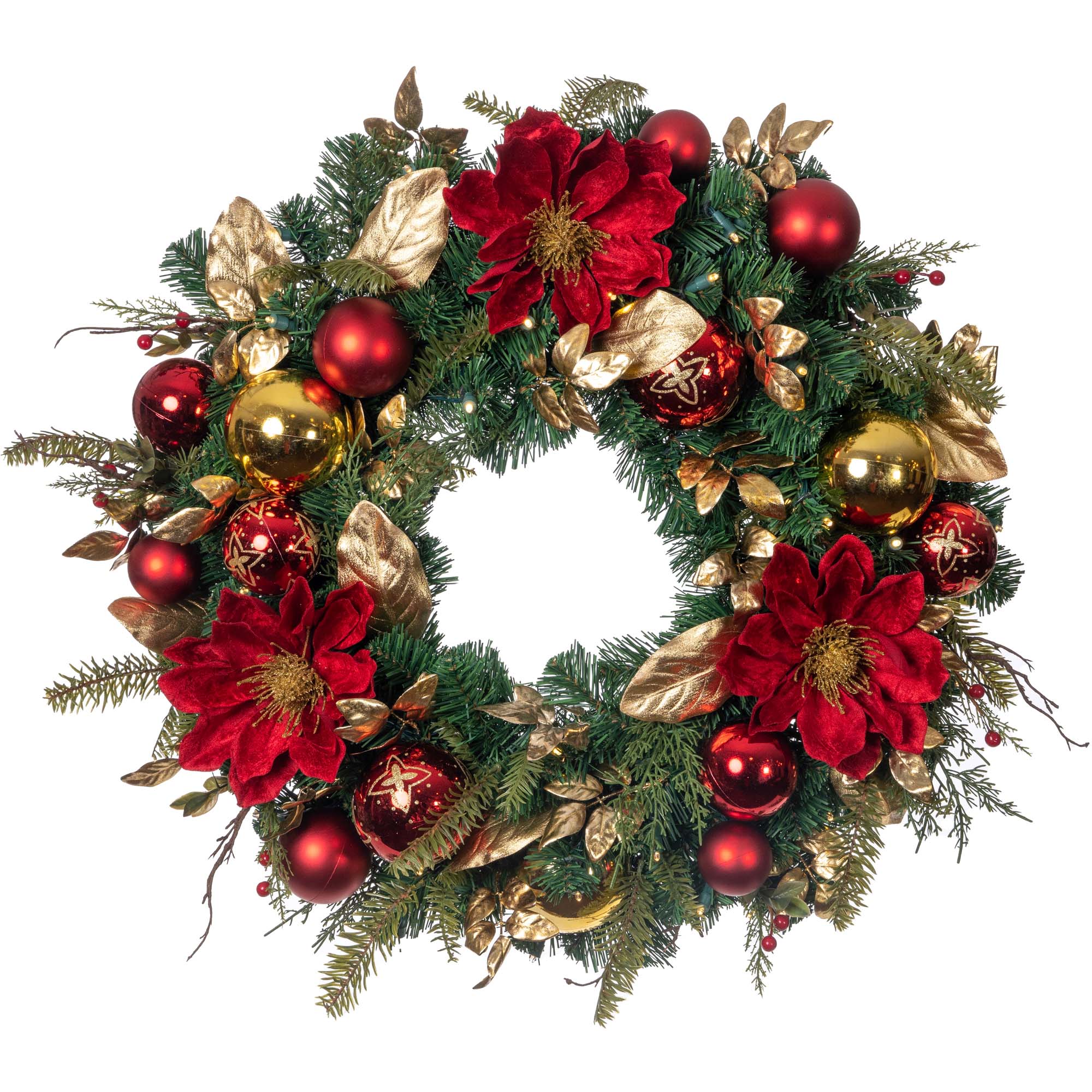 Golden Leaf Red Magnolia Lighted Christmas Wreath - 30