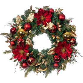 Golden Leaf Red Magnolia Lighted Christmas Wreath - 30