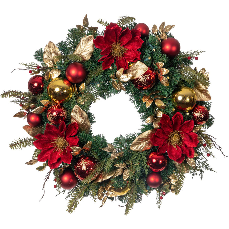 Golden Leaf Red Magnolia Lighted Christmas Wreath - 30