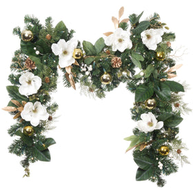 White Gold Magnolia Christmas Garland - 9 ft. | Village Lighting Company