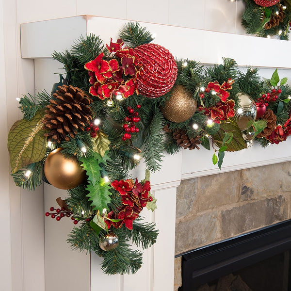 Scarlet Hydrangea Red And Gold Garland - 9ft. | Christmas World