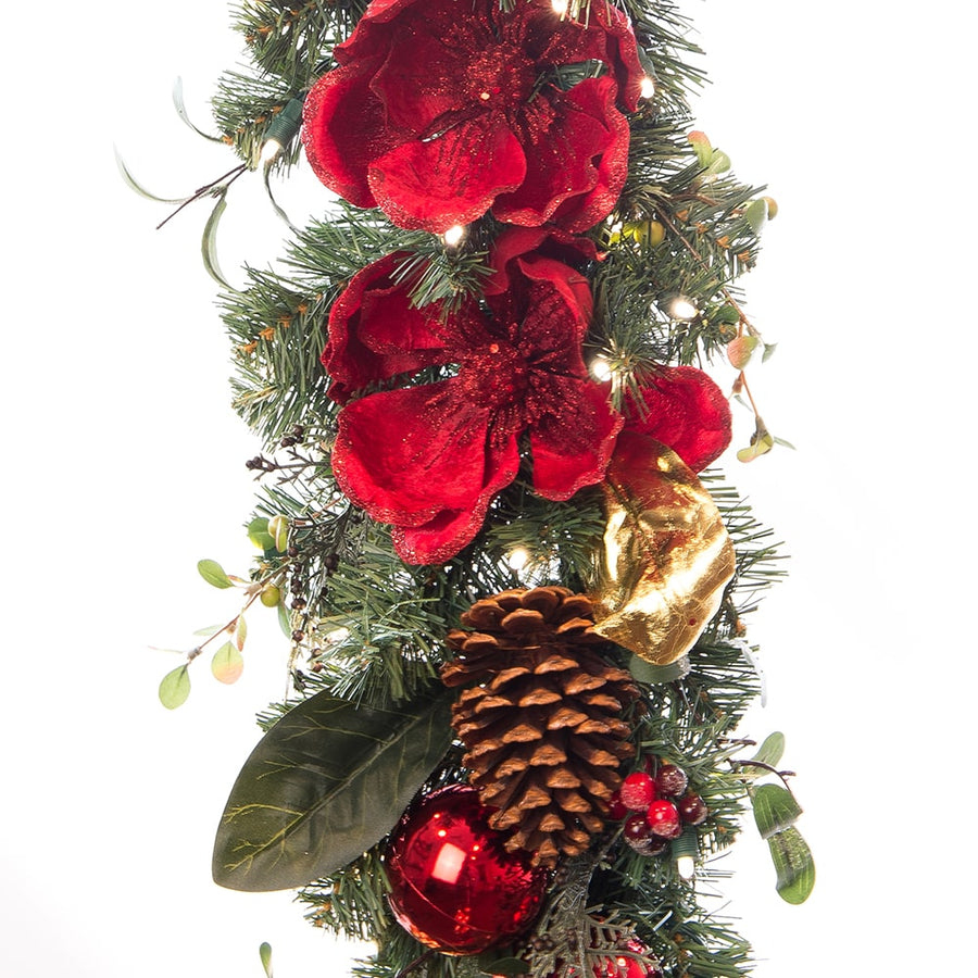 Red Magnolia Decorated Garland - Village Lighting Company | Village Lighting Company