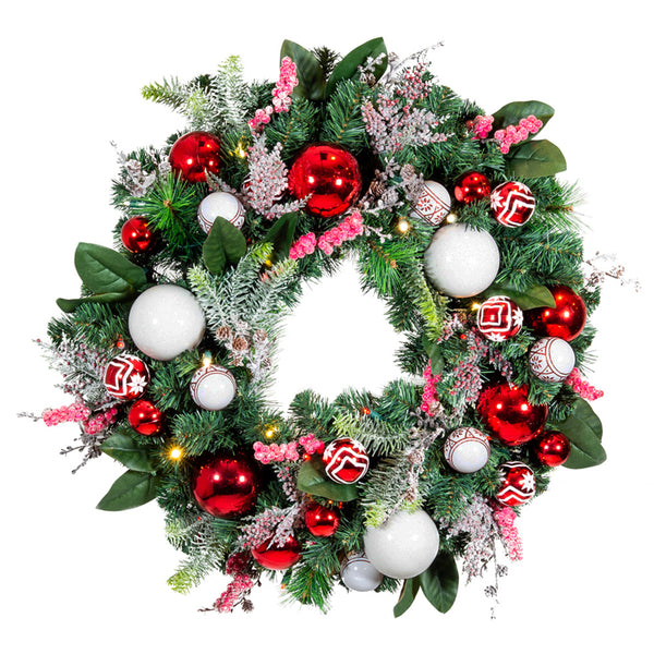 Nordic Red & White Wreath - [Pre Lit / Battery Operated] | Village ...