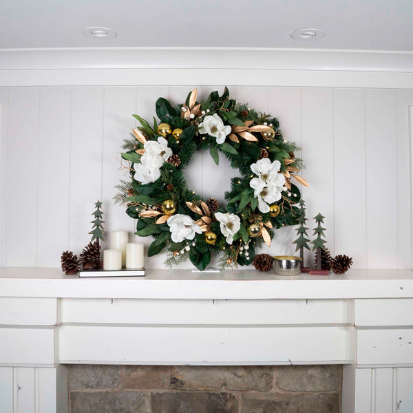 White Gold Magnolia Lighted Christmas Wreath - 30"